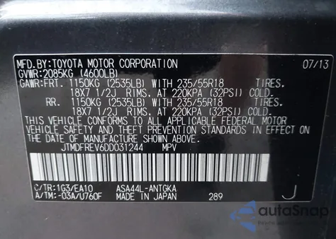 2013 Toyota Rav4 Limited from USA, damaged, VIN JTMDFREV6DD031244